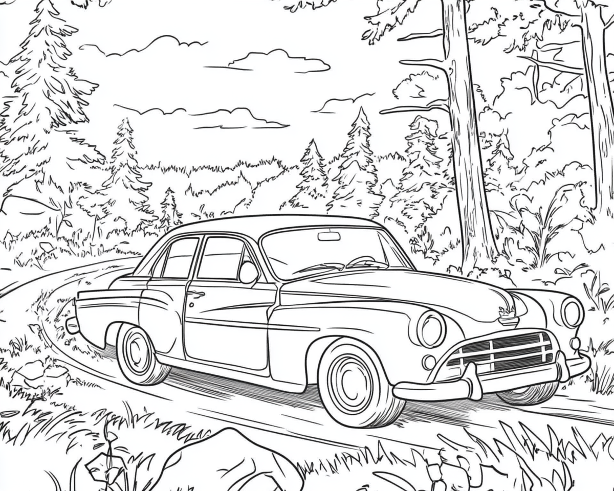 Retro sedan na lesnej ceste