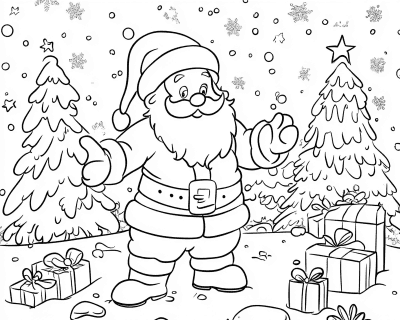 Omaľovánka usmievavého Santa Clausa s roztvorenými rukami, darčekmi a jedličkami