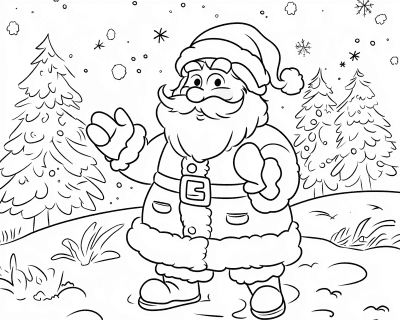 Omaľovánka mávajúceho Santa Clausa v kabáte s opaskom na zasneženej lúke s jedľami