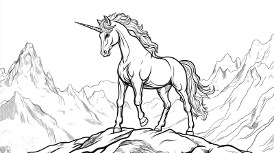 Omaľovánka jednorožca so zdvihnutou nohou na skale s horskými štítmi v pozadí