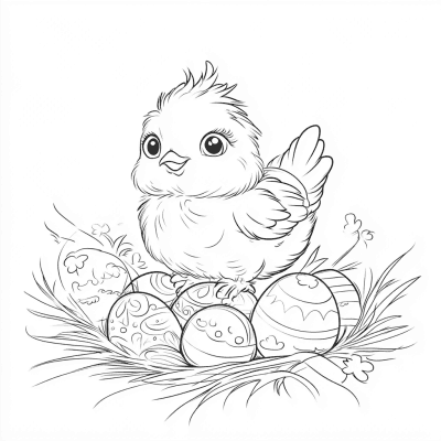 Omaľovánka kuriatka s pozdvihnutým krídelkom na zdobených vajíčkach v hniezde