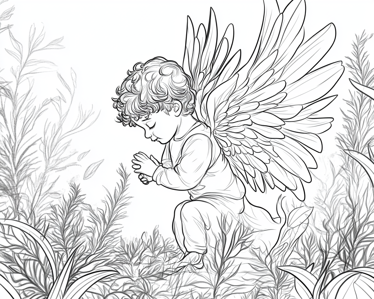 Kučeravý anjelik kľačiaci v tráve