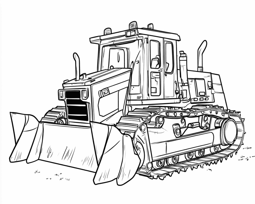 Omaľovánka pásového buldozéra so širokou radlicou, kabínou a výstražnými svetlami na streche