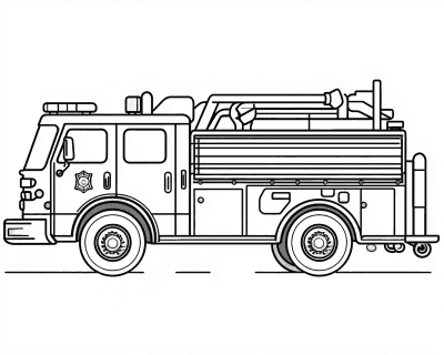 Omaľovánka hasičského auta z boku s majákom a výbavou na nadstavbe