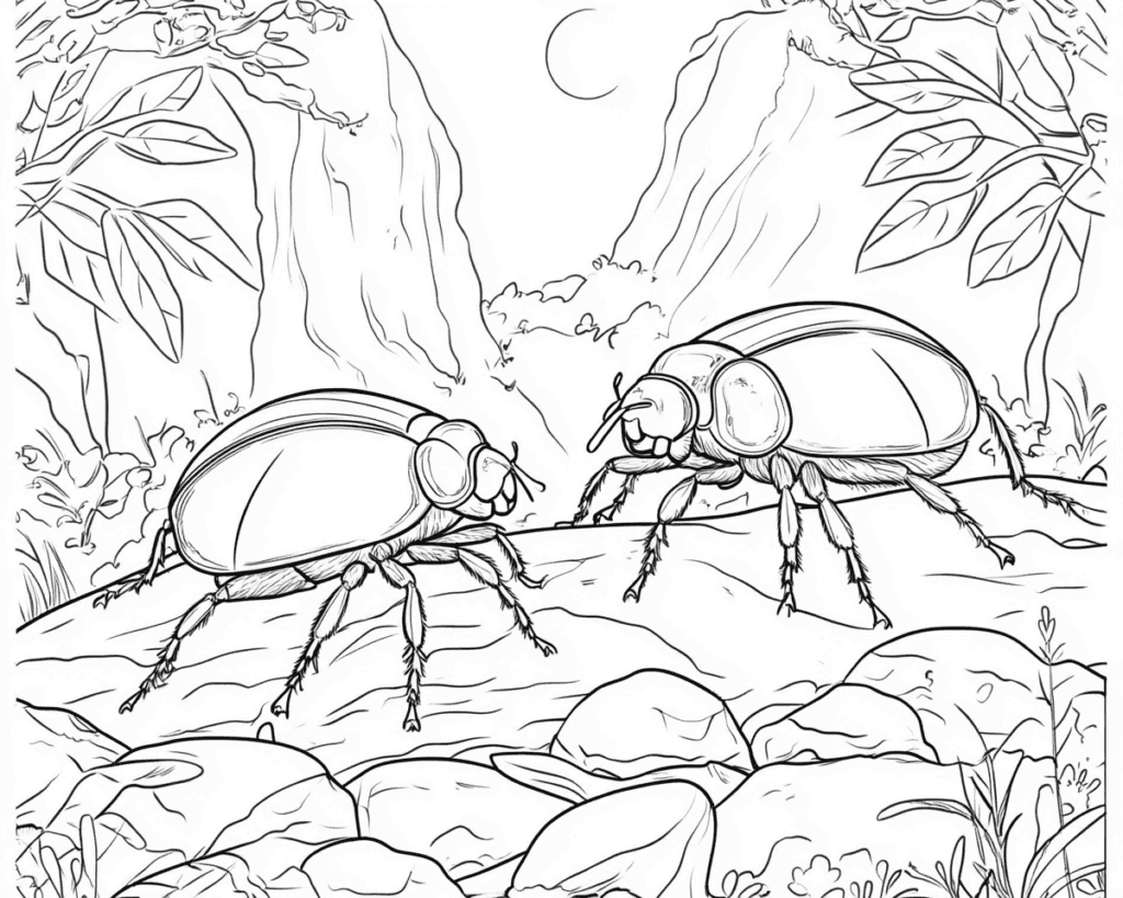 Omaľovánka dvoch veľkých chrobákov oproti sebe na kameňoch medzi skalami a stromami