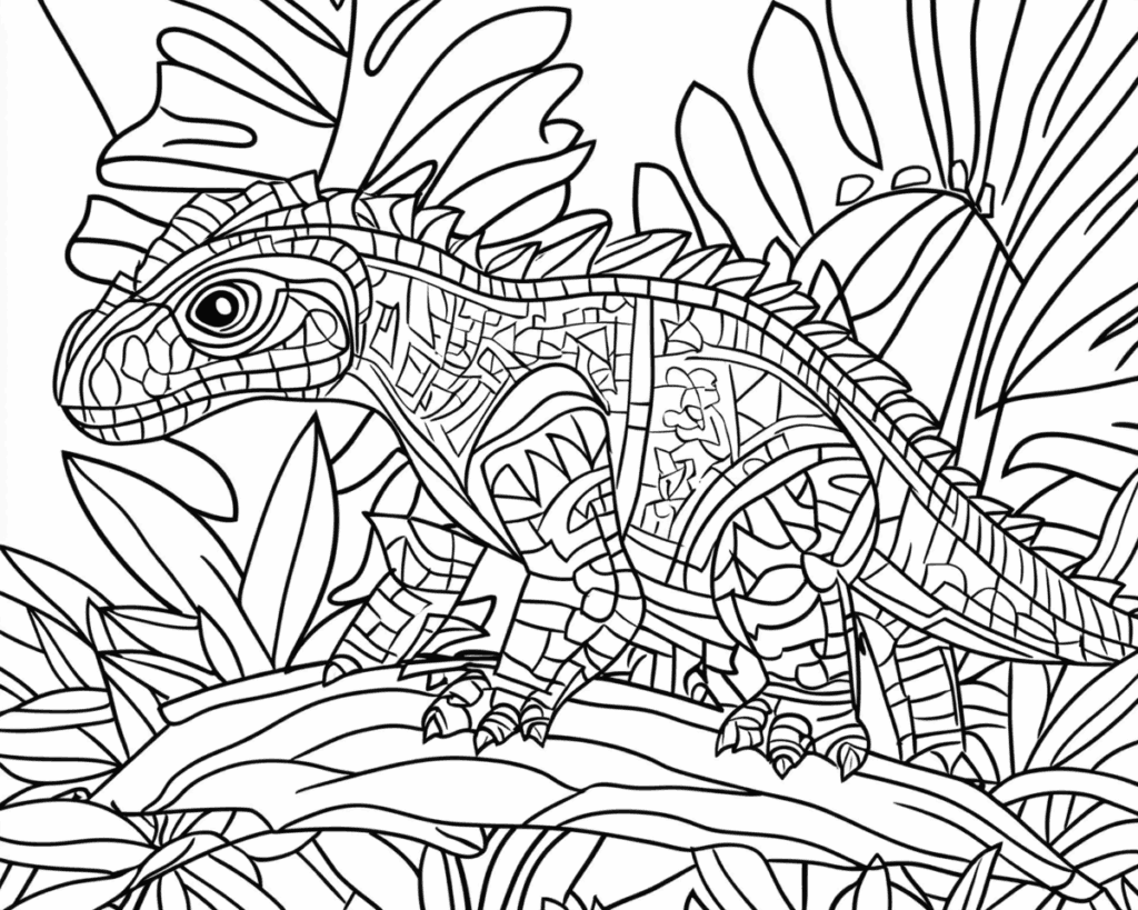 Omaľovánka dinosaura s mozaikovým vzorom na tele, ktorý stojí na konári medzi listami
