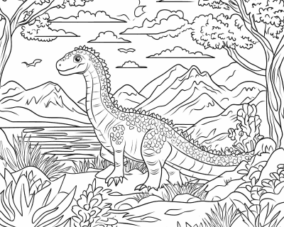 Omaľovánka dinosaura s dlhým krkom na brehu jazera s horami a oblakmi v pozadí