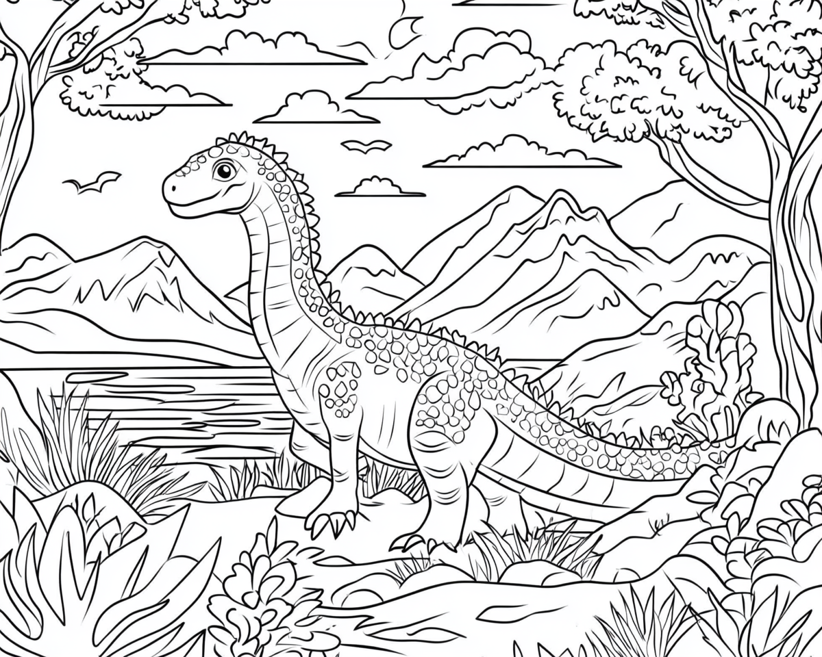 Dlhokrký dinosaurus pri jazere pod horami