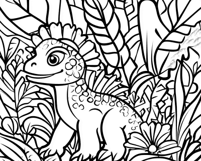 Omaľovánka usmievavého dinosauríka s golierom okolo hlavy medzi listami džungle