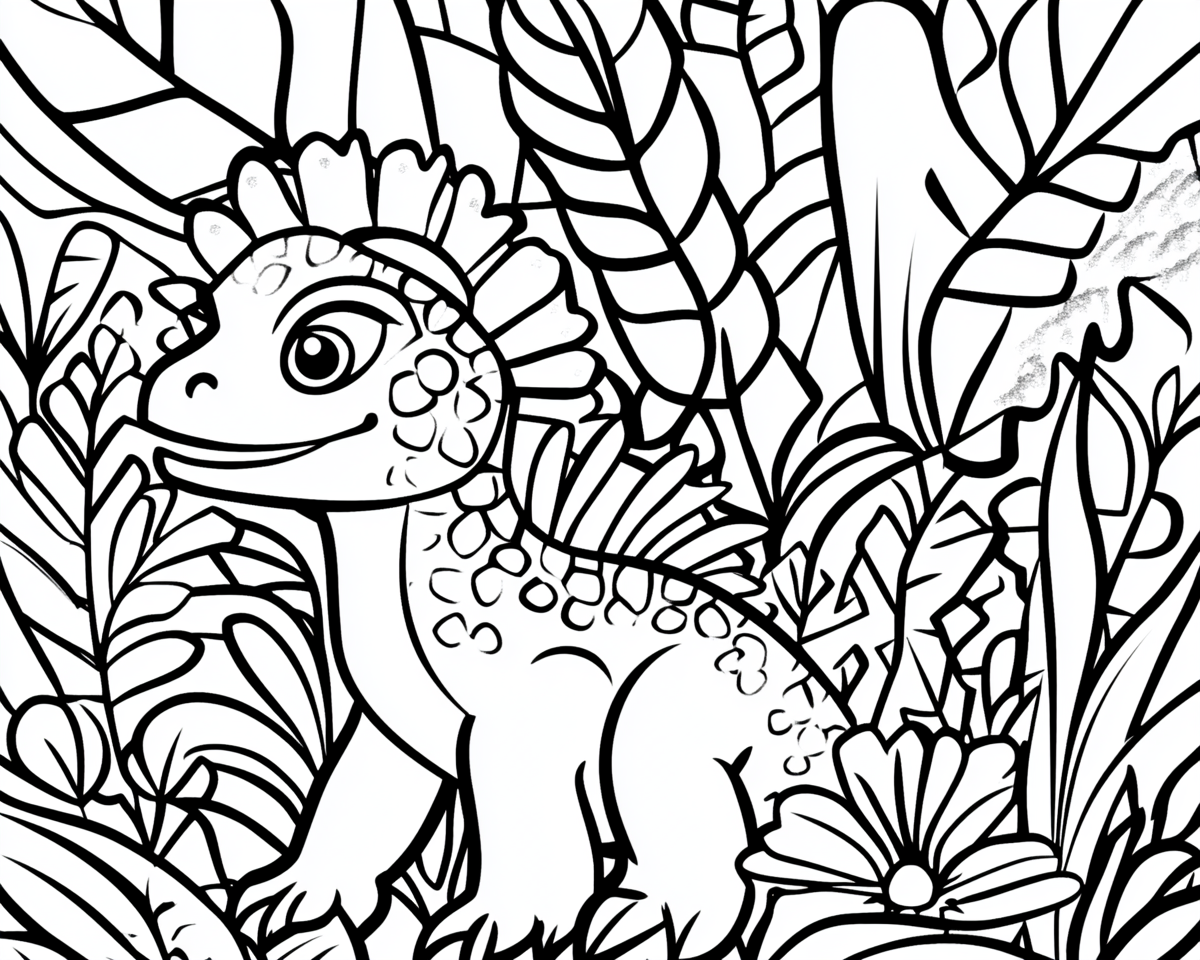 Usmievavý dinosaurík s golierom medzi listami