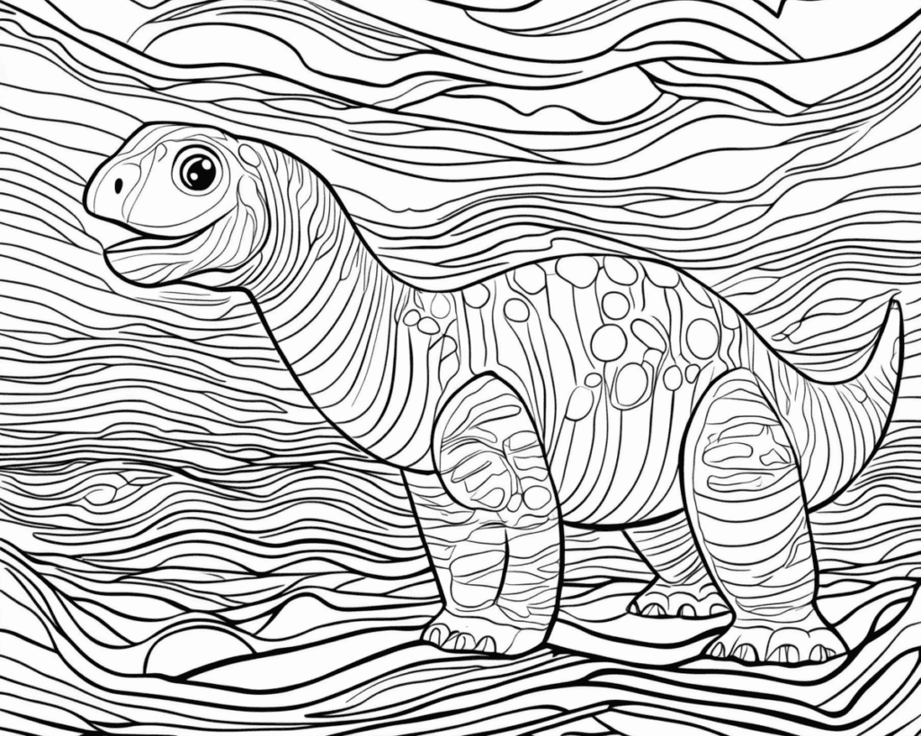Omaľovánka dlhokrkého dinosaura s pruhmi a krúžkami na pozadí z vlnitých línií
