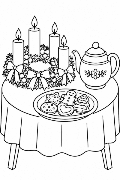 Omaľovánka stola s adventným vencom, tanierom koláčikov a čajovou kanvicou
