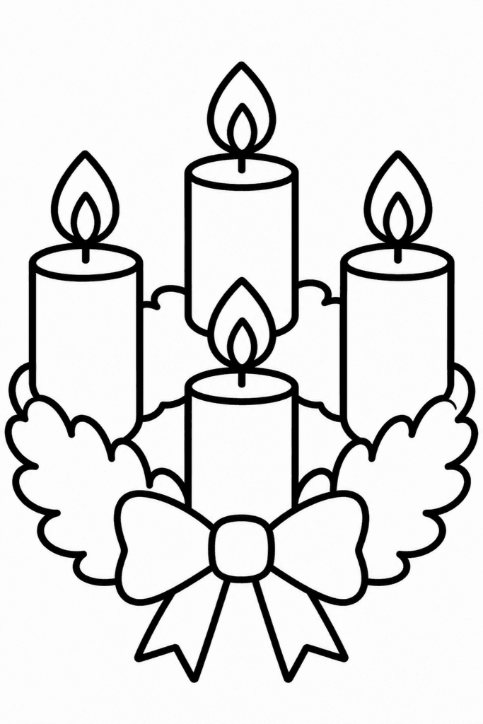Omaľovánka adventného venca so štyrmi sviečkami a mašľou