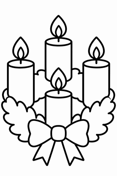 Omaľovánka adventného venca so štyrmi sviečkami a mašľou