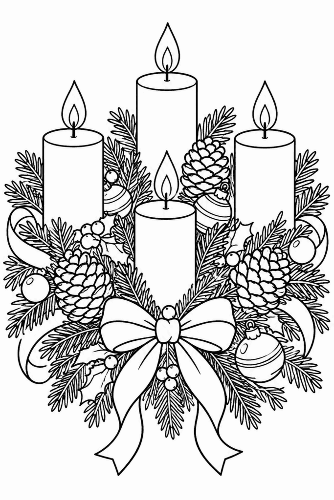 Omaľovánka adventného venca so štyrmi sviečkami, borovicovými vetvami, šiškami a stuhami