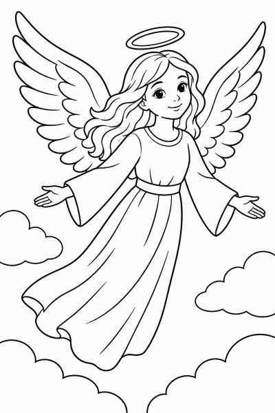 Omaľovánka okrídleného anjela so svätožiarou, ktorý sa vznáša na nebi