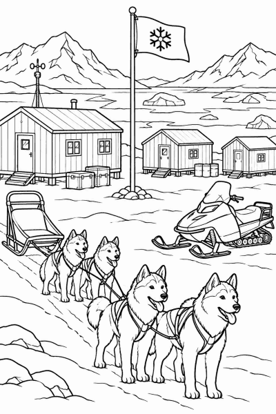 Omaľovánka arktickej stanice so psami husky, snežným skútrom a stožiarom so zástavou