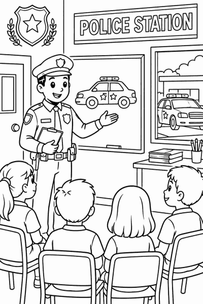 Omaľovánka policajta, ktorý deťom ukazuje na tabuli na policajnej stanici