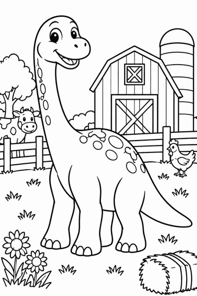 Omaľovánka dinosaura na farme vedľa stajne s kravou a sliepočkou