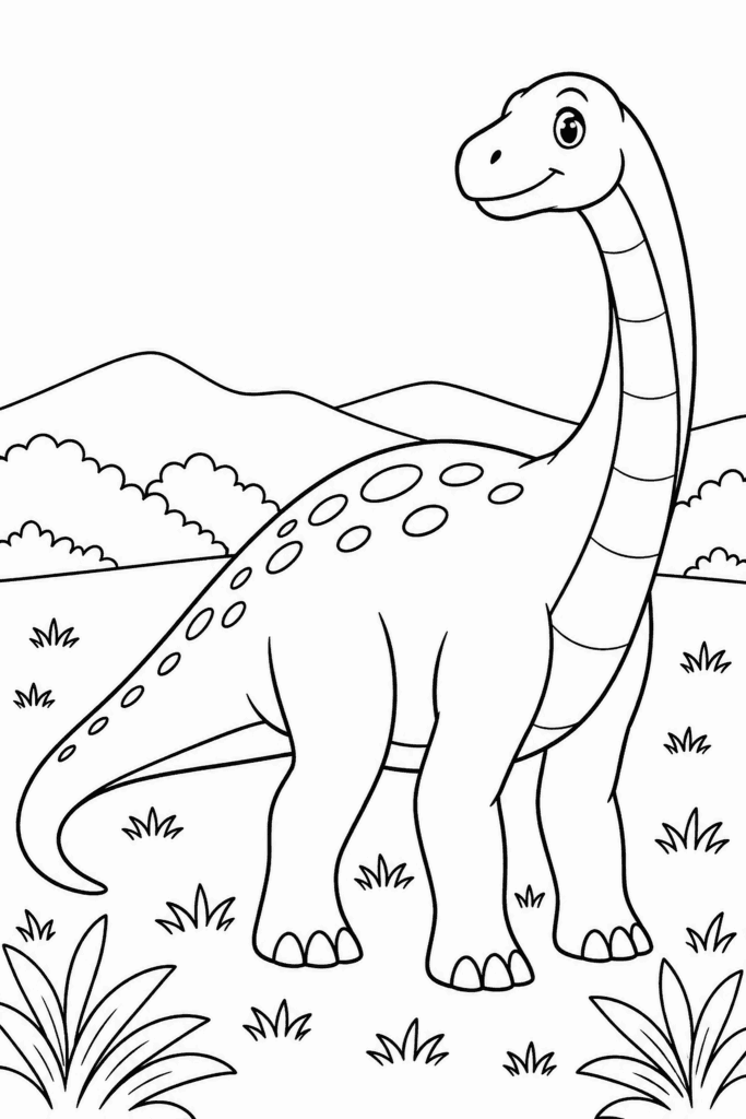 Omaľovánka roztomilého dinosaura, ktorý stojí na poli