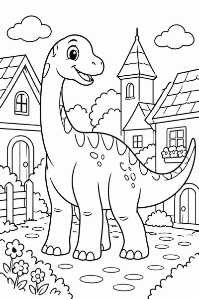 Omaľovánka dinosaura, ktorý prechádza dedinou popri domoch a kvetoch