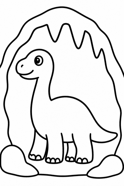 Omaľovánka roztomilého dinosaura, ktorý skúma tajomnú jaskyňu