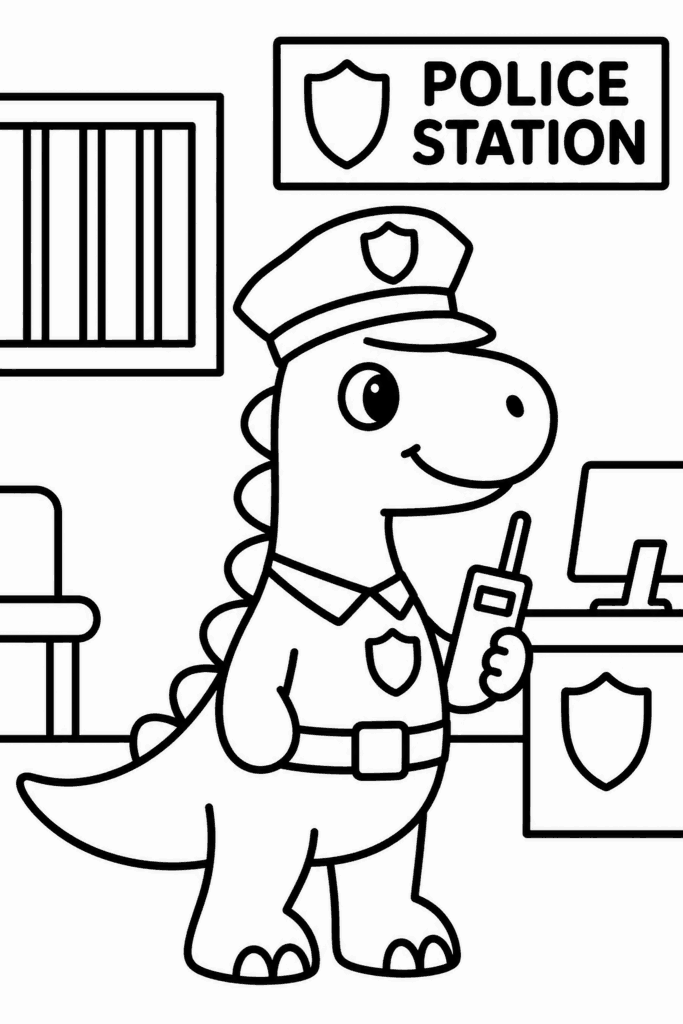 Omaľovánka dinosaura v policajnej uniforme na policajnej stanici