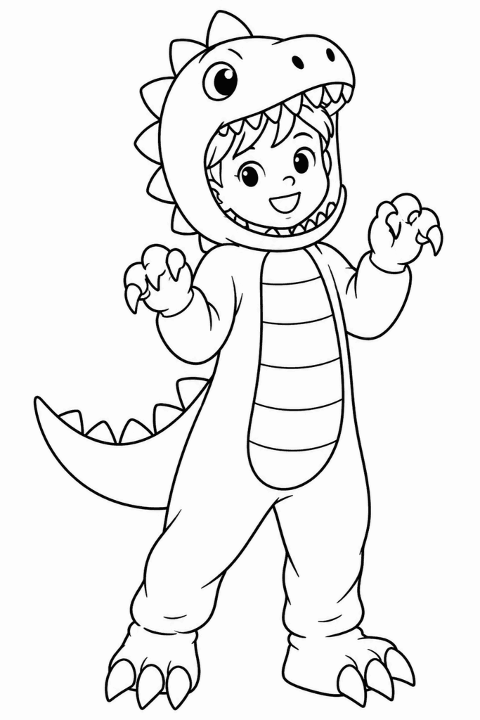 Omaľovánka usmiateho dieťaťa v roztomilom kostýme dinosaura