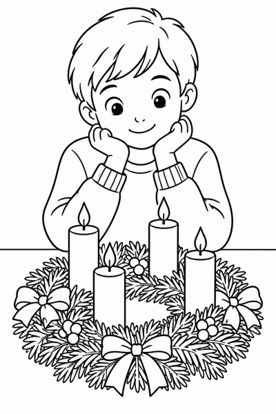 Omaľovánka dieťaťa, ktoré sa s úžasom pozerá na adventný veniec so sviečkami