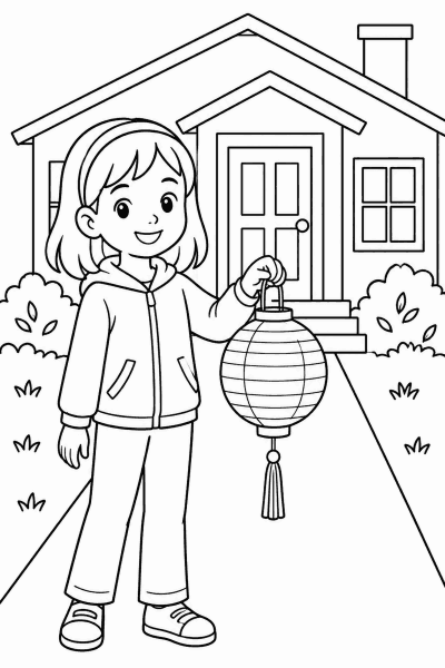 Omaľovánka dieťaťa, ktoré drží papierový lampión pred domom