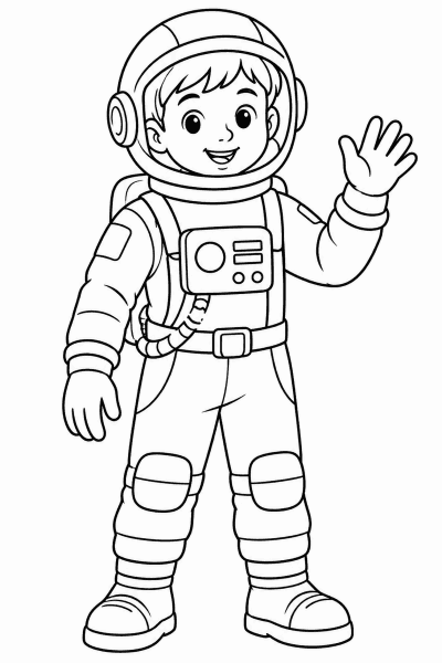 Omaľovánka usmiateho dieťaťa v kostýme astronauta, ktoré máva