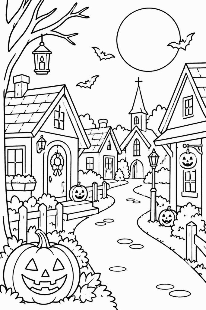 Omaľovánka dediny s vyrezávanými tekvicami a netopiermi v halloweenskej noci