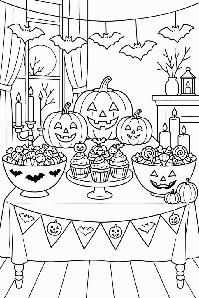 Omaľovánka halloweenskeho stola s tekvicami, cukríkmi, košíčkami, sviečkami a papierovými netopiermi