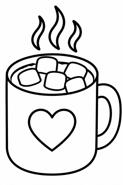 Omaľovánka hrnčeka so srdiečkom, horúcim kakaom, marshmallows a stúpajúcou parou