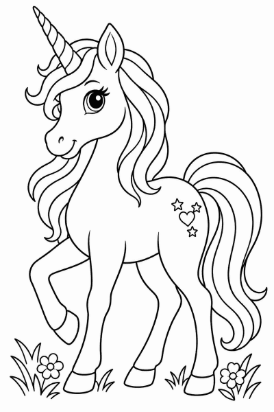 Omaľovánka jednorožca, ktorý stojí na lúke plnej kvetov