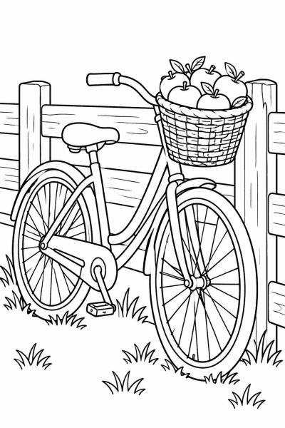 Omaľovánka bicykla s košíkom jabĺk opretého o drevený plot
