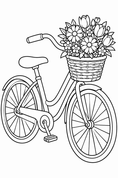 Omaľovánka bicykla s košíkom plným kvetov