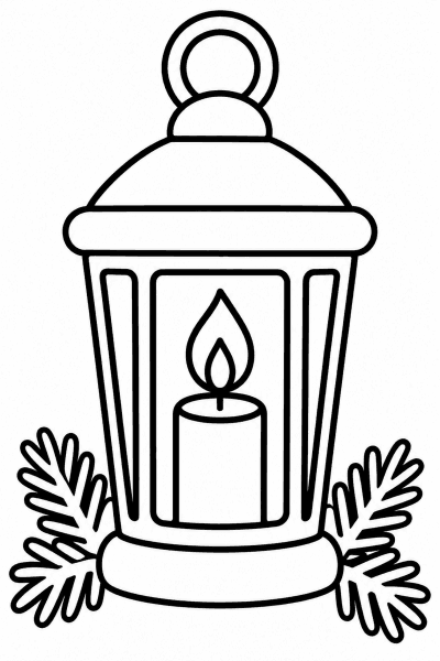 Omaľovánka lampáša s horiacou sviečkou obklopeného jedľovými vetvičkami