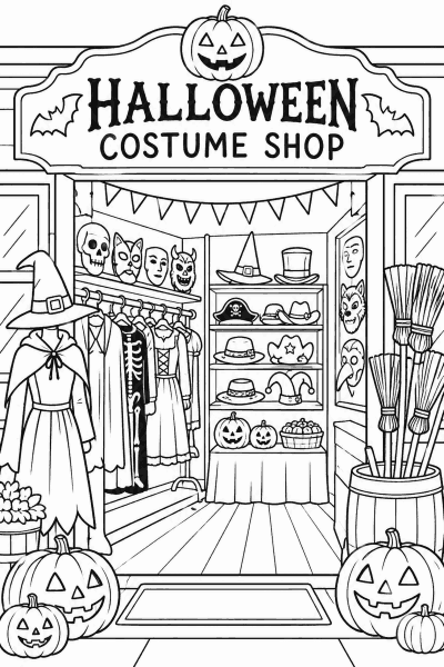 Omaľovánka obchodu s halloweenskými kostýmami, maskami, klobúkmi, metlami a tekvicami