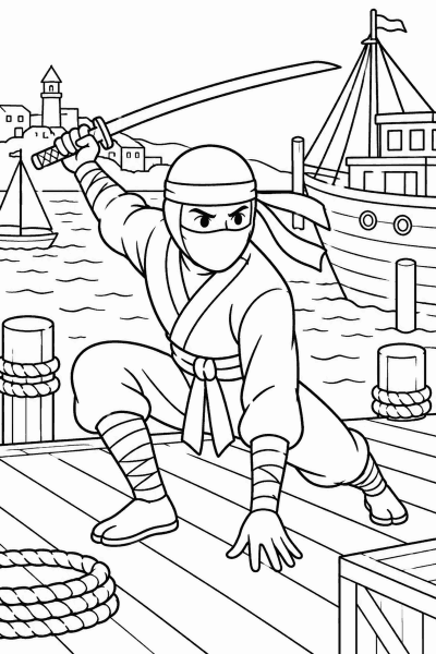 Omaľovánka ninju s mečom na prístavisku medzi loďami