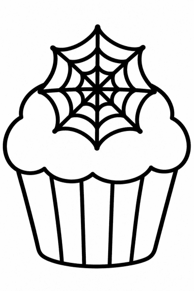 Omaľovánka muffinu s ozdobou v tvare pavučiny navrchu