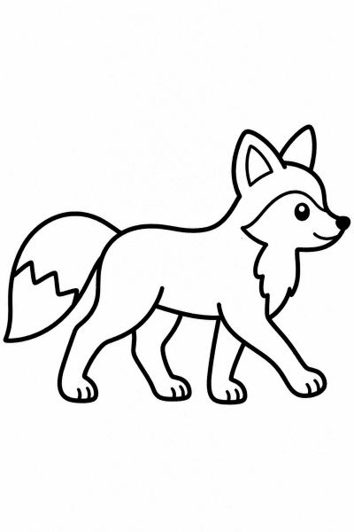 Omaľovánka líšky s huňatým chvostom, ktorá kráča, nakreslenej z boku