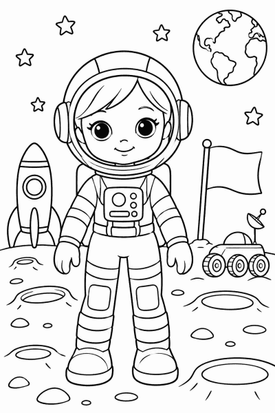 Omaľovánka bábiky v skafandri na Mesiaci s raketou a hviezdami