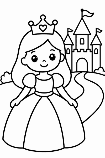 Omaľovánka princeznej, ktorá stojí pred zámkom v rozprávkovom kráľovstve