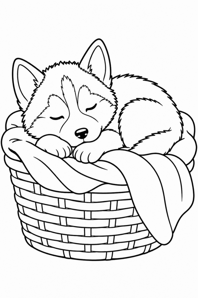 Omaľovánka šteňaťa huskyho, ktoré spí v košíku s dekou