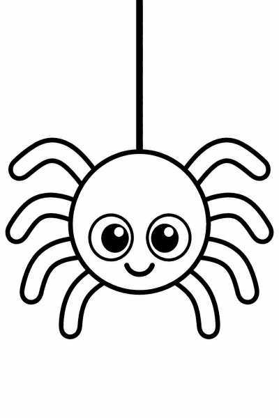 Omaľovánka okrúhleho pavúka s ôsmimi nožičkami visiaceho na nitke