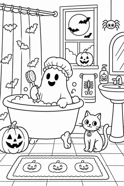 Omaľovánka ducha vo vani a mačky s tekvicami v halloweenskej kúpeľni