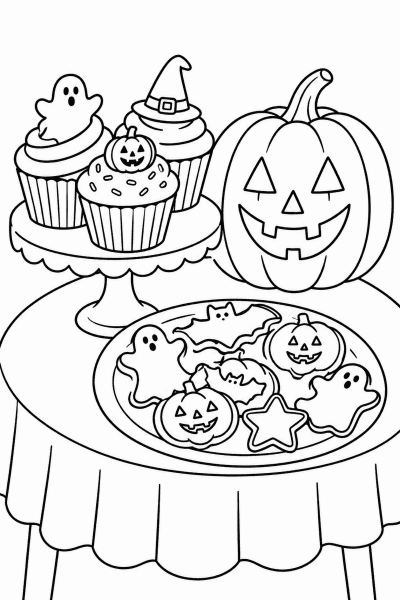 Omaľovánka stola s halloweenskymi sušienkami, muffinmi a vyrezávanou tekvicou