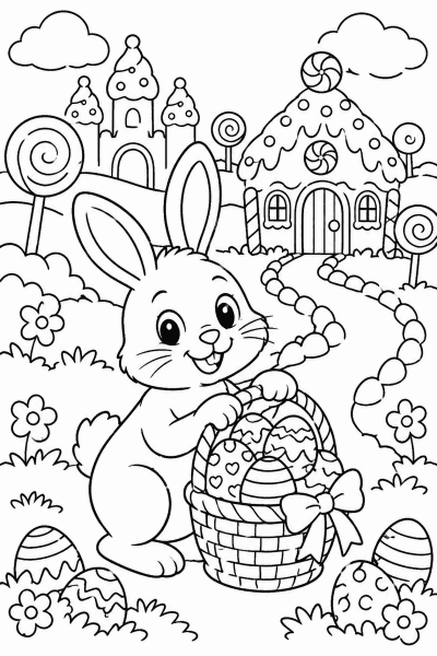 Omaľovánka veľkonočného zajačika s košíkom vajíčok pred perníkovými domčekmi a lízankami