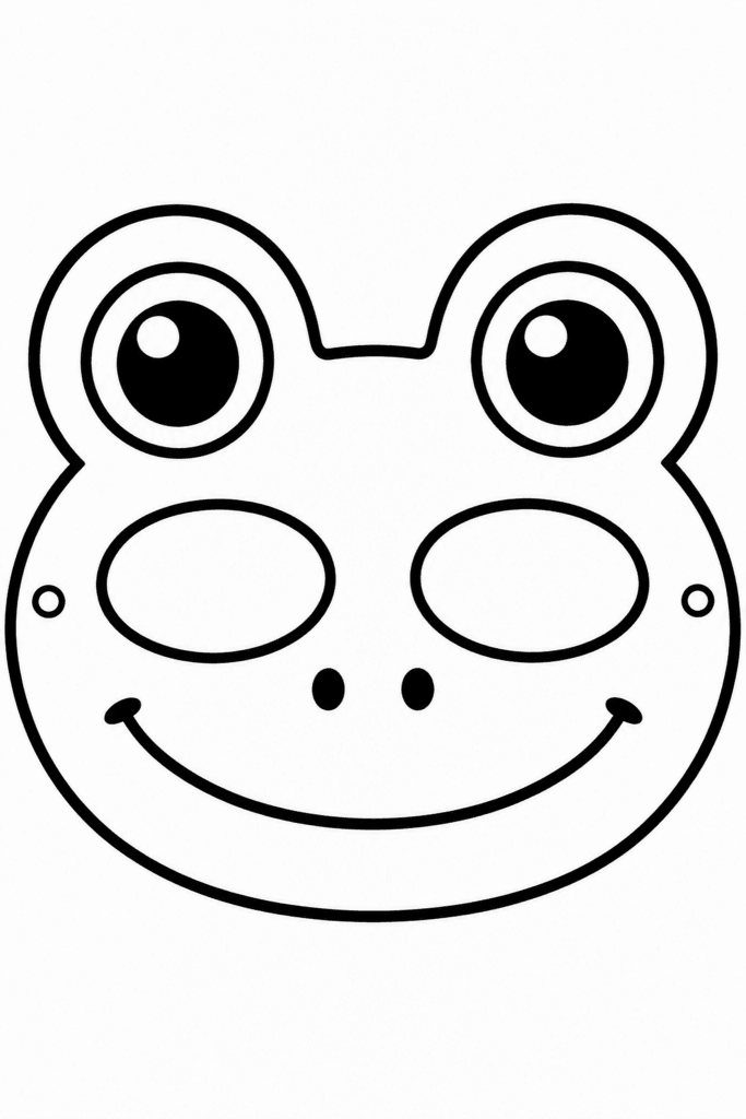 Omaľovánka žabej masky s veľkými očami, širokým úsmevom a otvormi na oči